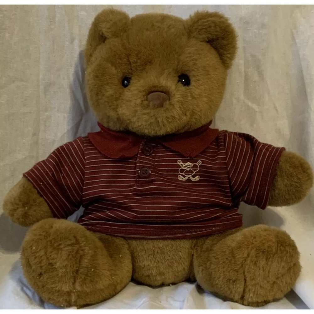 Build A Bear Workshop Brown Bear Plush Maroon Striped Golf Shirt Stuffed Animal